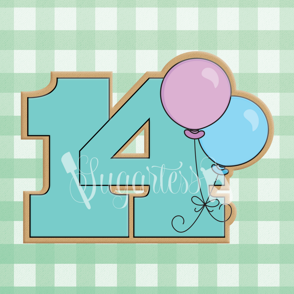 Sugartess cookie cutter in shape of a birthday number fourteen with two balloons.