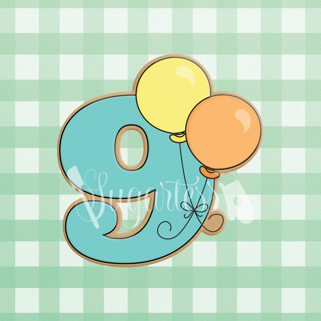 Sugartess cookie cutter in shape of a birthday number nine with two balloons.