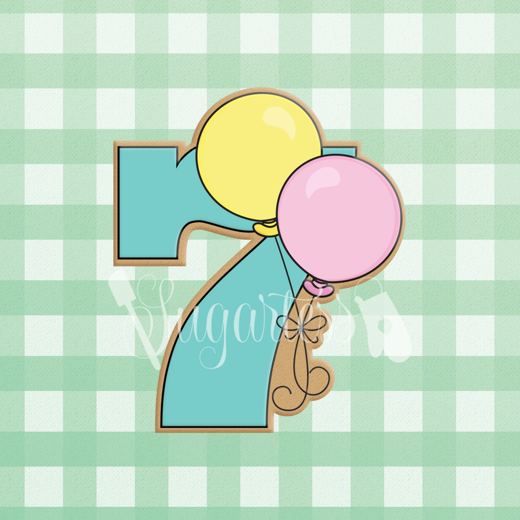 Sugartess cookie cutter in shape of a birthday number seven with two balloons.