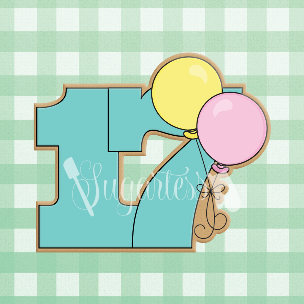 Sugartess cookie cutter in shape of a birthday number seventeen with two balloons.