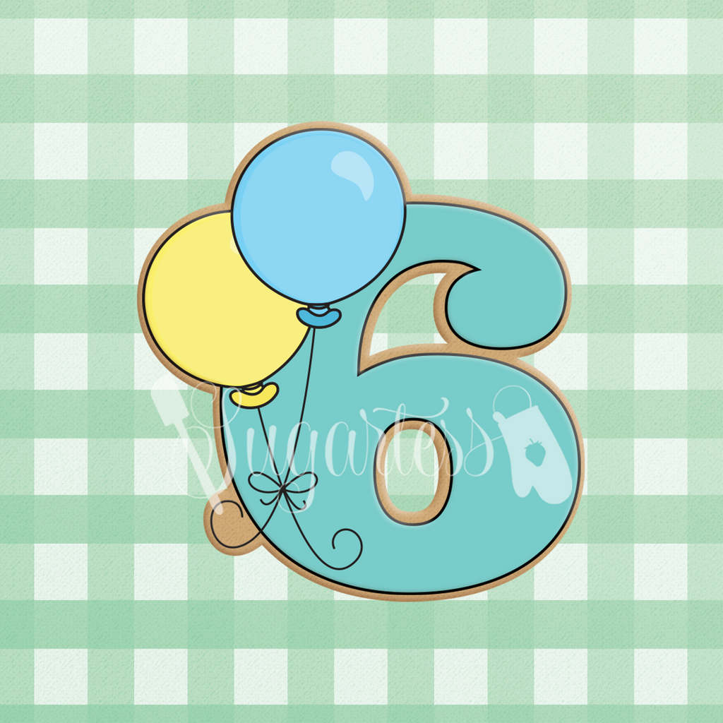 Sugartess cookie cutter in shape of a birthday number six with two balloons.