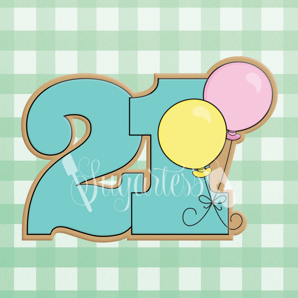 Sugartess cookie cutter in shape of a birthday number twenty one with two balloons.