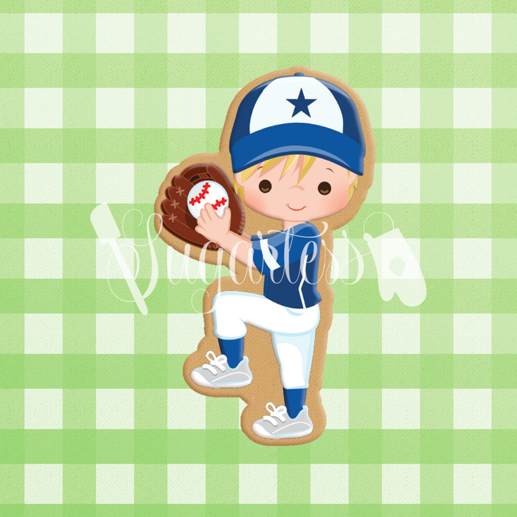 Sugartess custom cookie cutter in shape of boy baseball pitcher player in process of pitching ball.