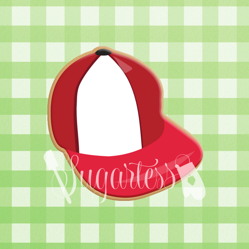 Sugartess custom cookie cutter in shape of angled view of baseball sport cap.