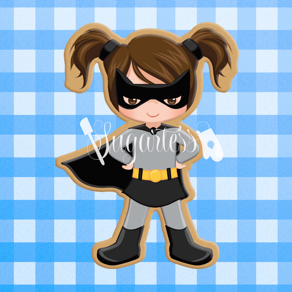 Sugartess custom cookie cutter in shape of bat girl super hero.