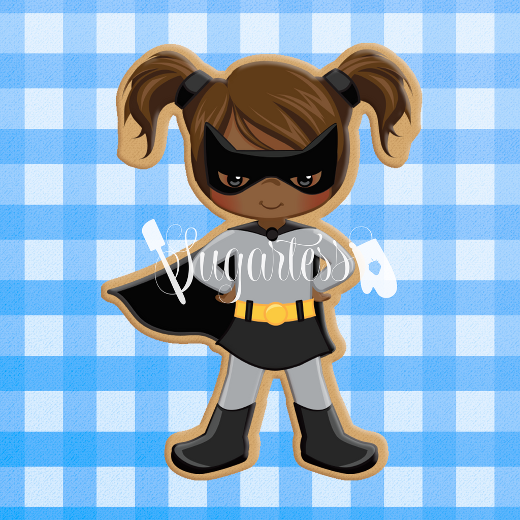 Sugartess custom cookie cutter in shape of dark skin bat girl super hero.