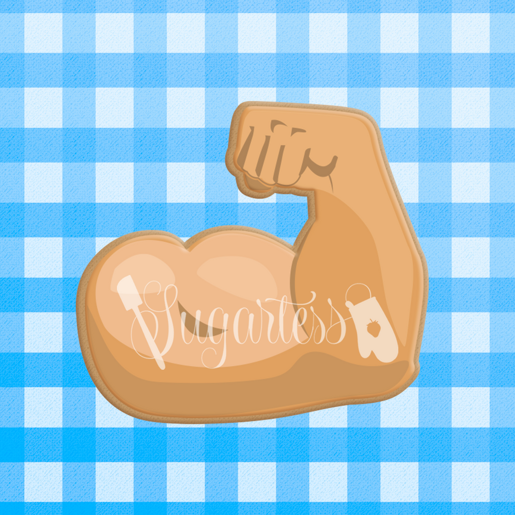 Sugartess custom cookie cutter in shape of fitness weight lifter's biceps arm.
