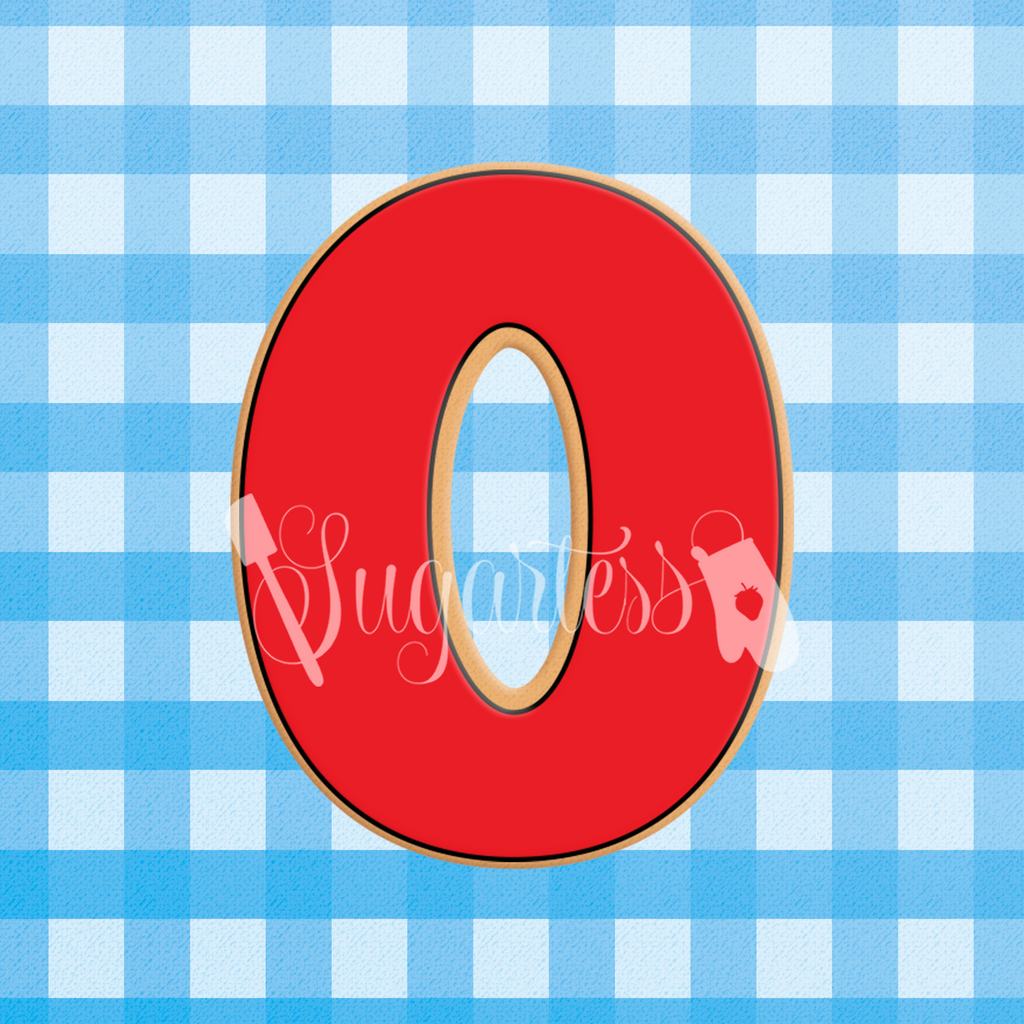 Sugartess custom cookie cutter in shape of a red block or bold number zero.