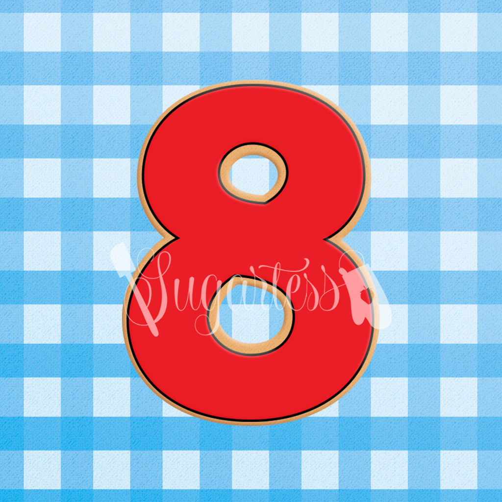 Sugartess custom cookie cutter in shape of a red block or bold number eight.