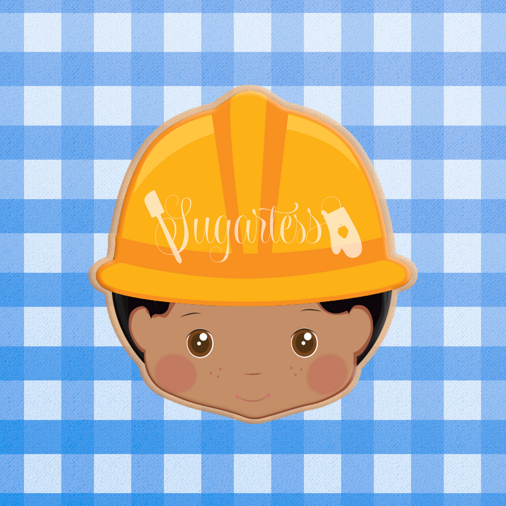 Sugartess custom cookie cutter in shape of Constructor or Contractor Head with Safety Helmet.