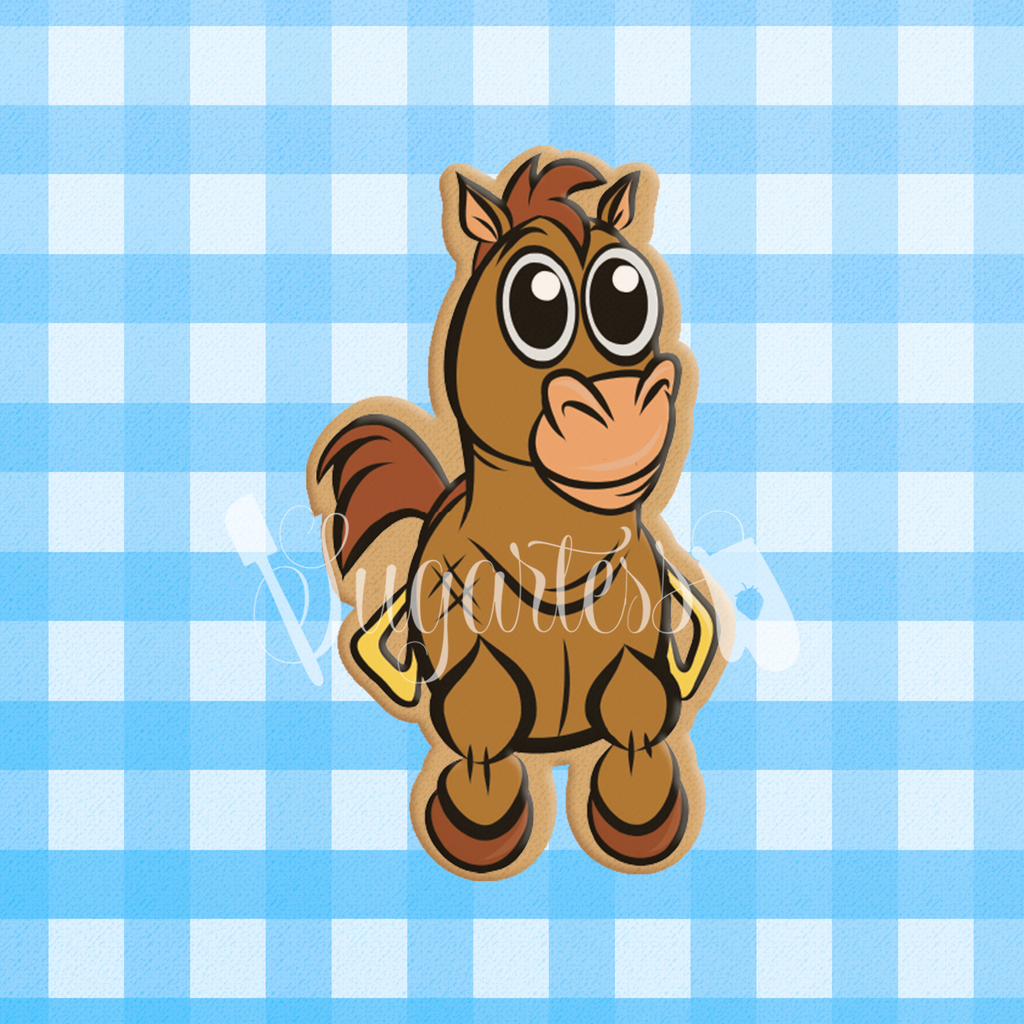 Sugartess custom cookie cutter in shape of toy horse character.