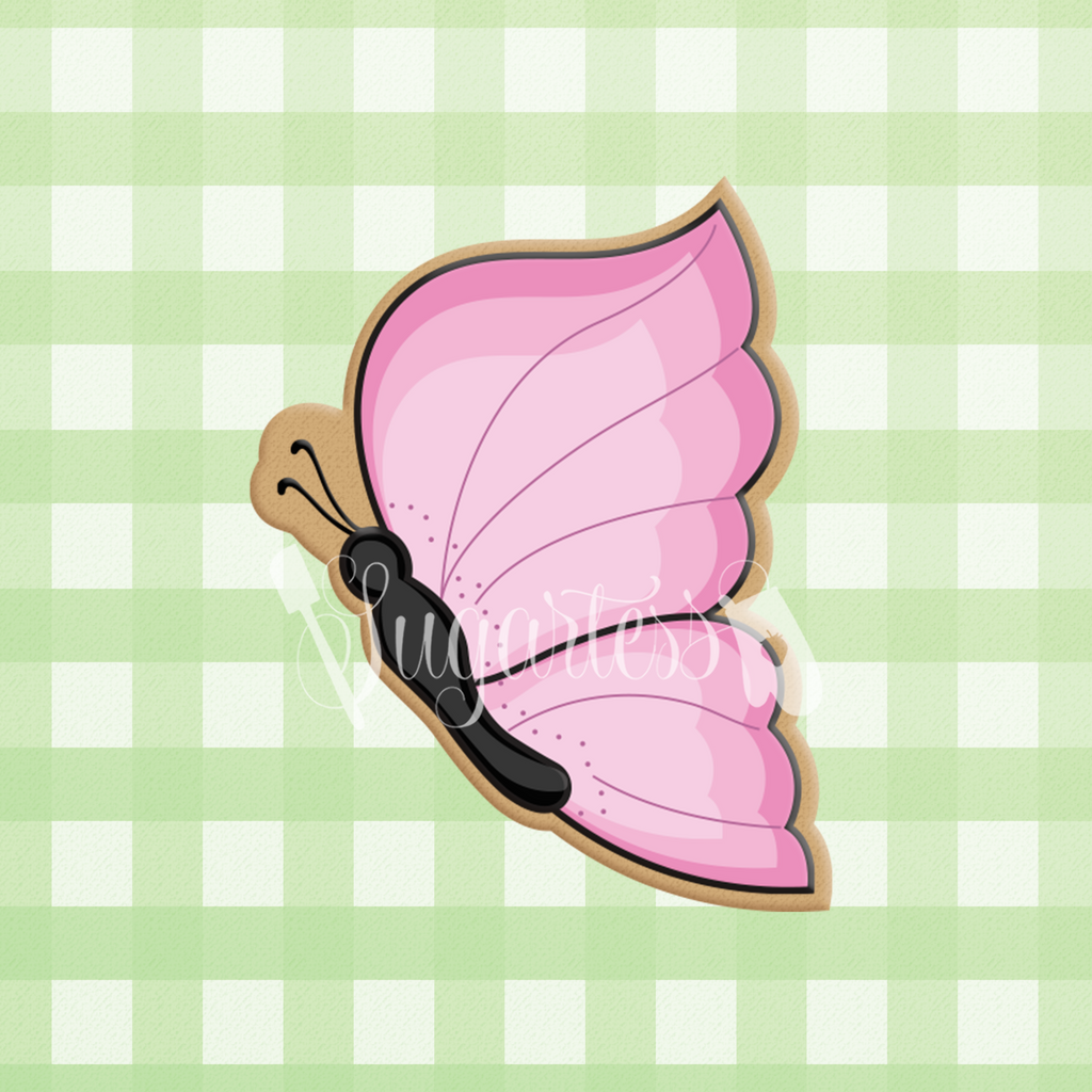 Sugartess custom cookie cutter in shape of the profile of a pink butterfly.