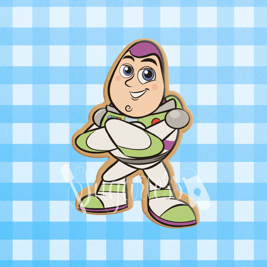 Sugartess custom cookie cutter in shape of toy space ranger character standing.