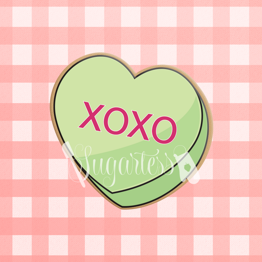 Sugartess custom Valentine's Day cookie cutter in shape of conversation candy hearts with XOXO word.