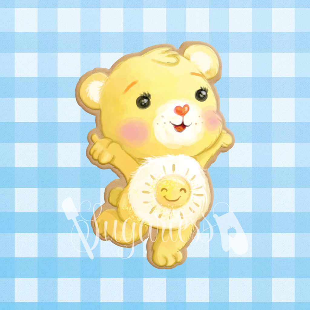 Sugartess cookie cutter in shape of Sunshine Funshine bear cartoon character.