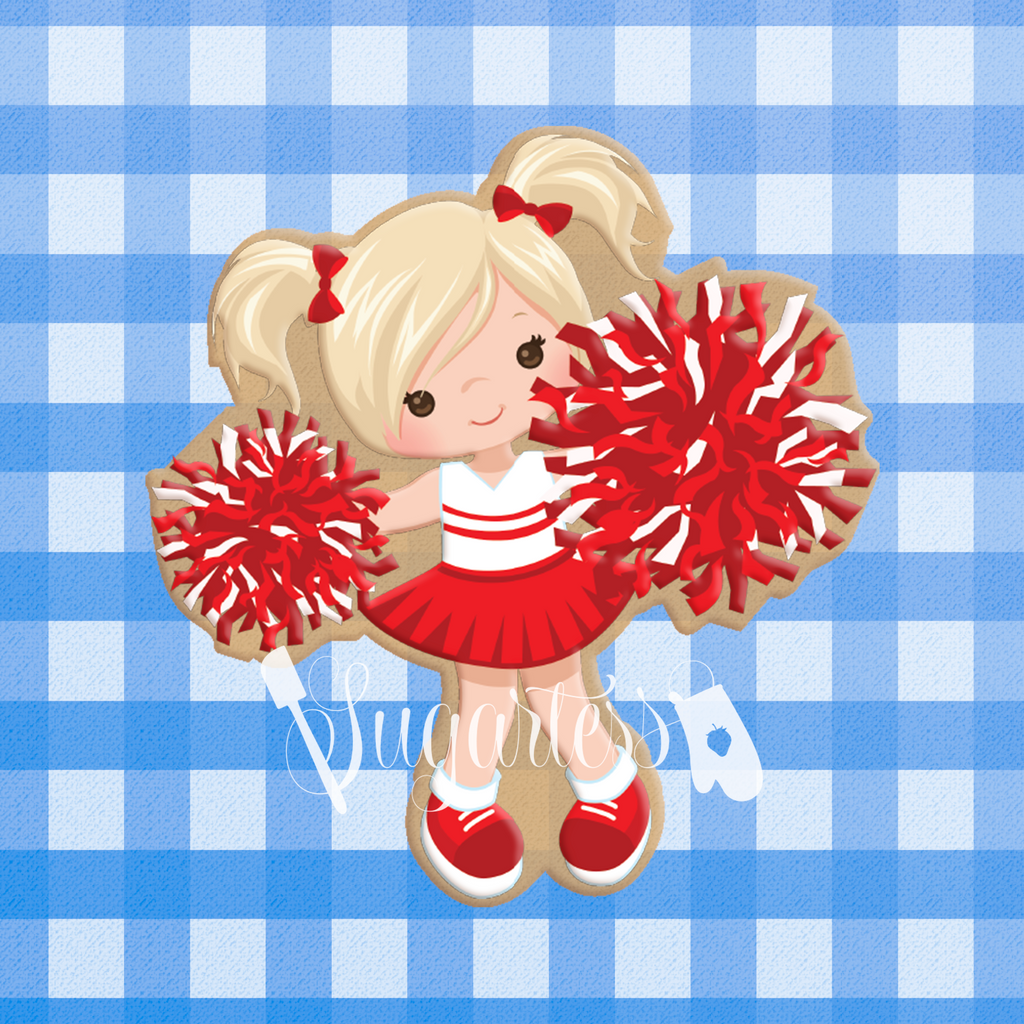Sugartess custom cookie cutter in shape of cheerleader with pompoms.