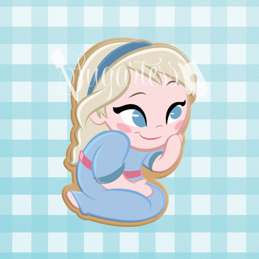 Sugartess custom cookie cutter in shape of chibi child winter queen character.