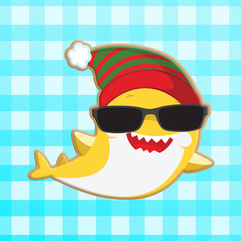 Sugartess custom cookie cutter in shape of Christmas in July Summer Shark with Winter Hat and sunglasses.