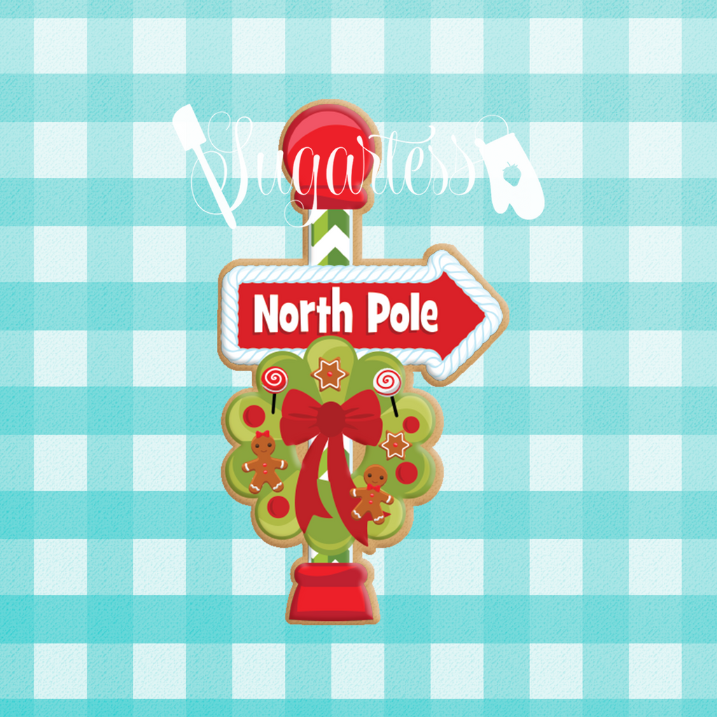 Sugartess cookie cutter in shape of  North Pole Sign with Wreath. 3D printed from biodegradable PLA plastic in diferent sizes ranging from 2 to 6 inches.