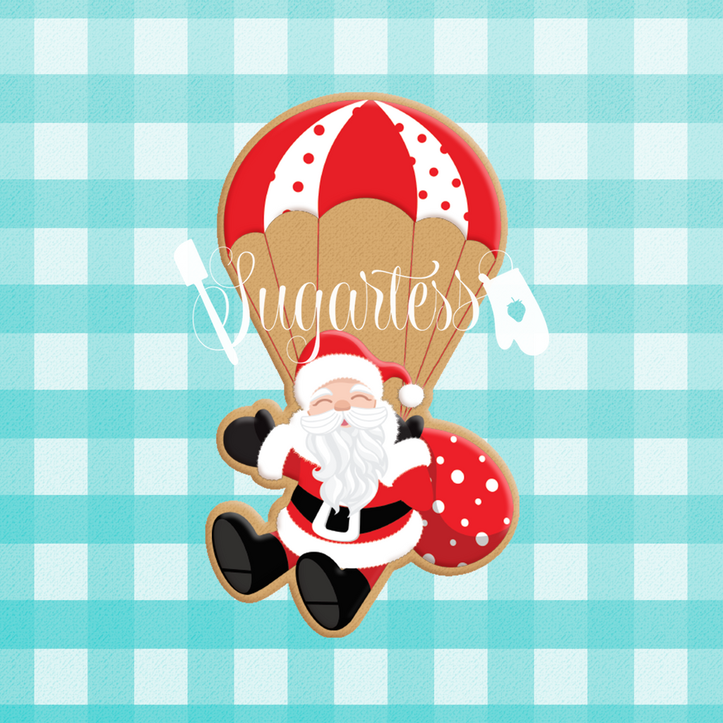 Sugartess cookie cutter in shape of  Parachute Santa . 3D printed from biodegradable PLA plastic in diferent sizes ranging from 2 to 6 inches.
