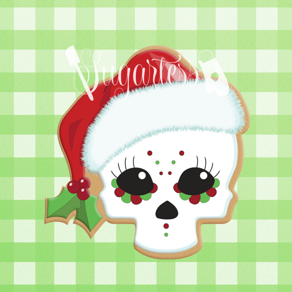 Sugartess custom cookie cutter in shape of skull with Santa hat.