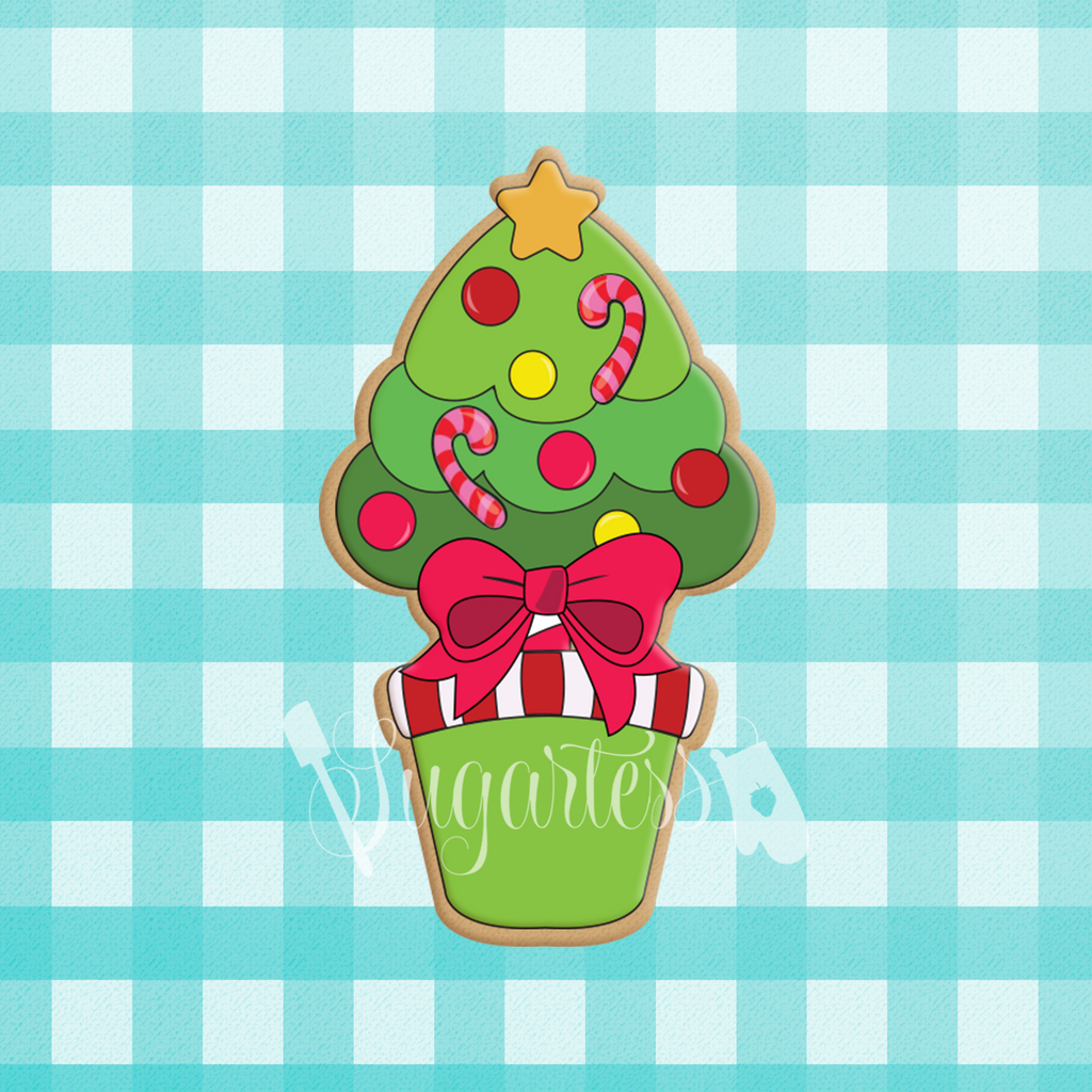 Sugartess holiday custom cookie cutter in shape of a Christmas tree topiary.