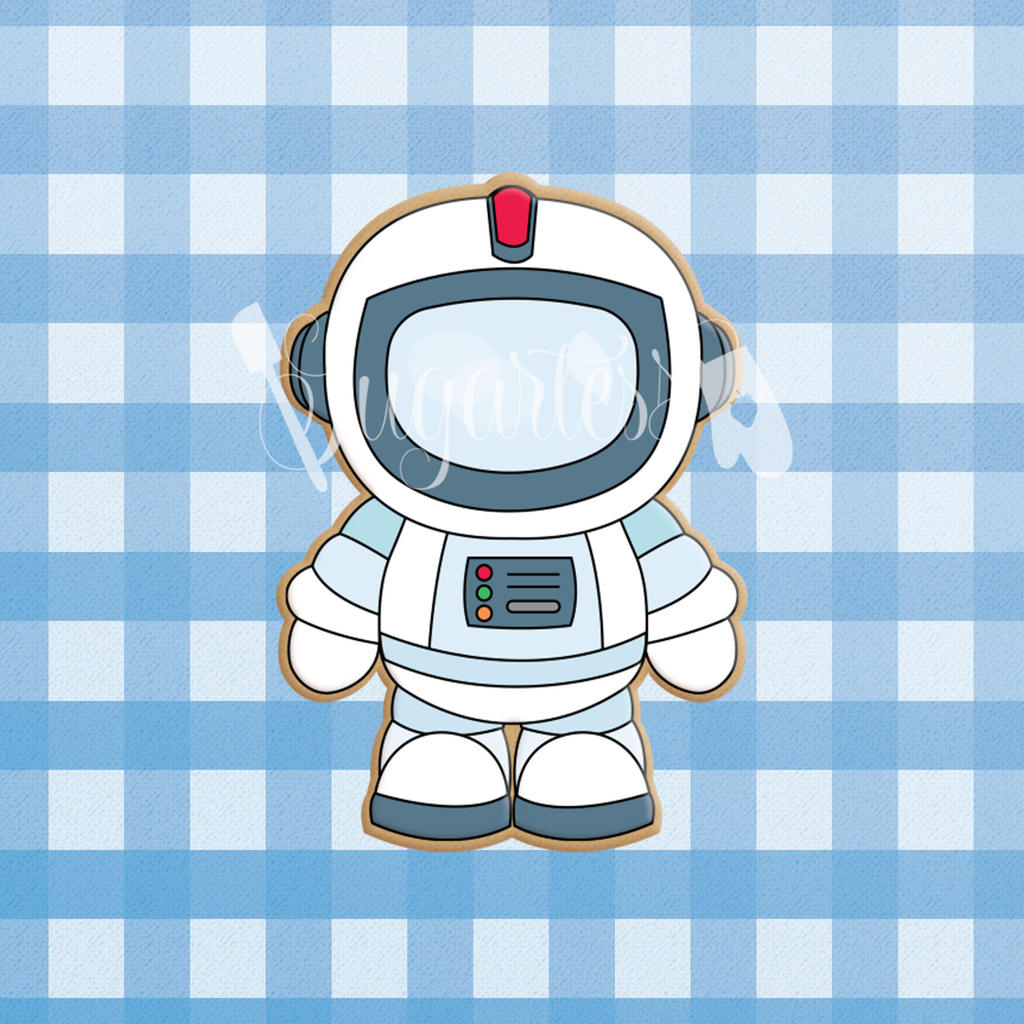 Sugartess custom cookie cutter in shape of a chubby cartoon astronaut boy.
