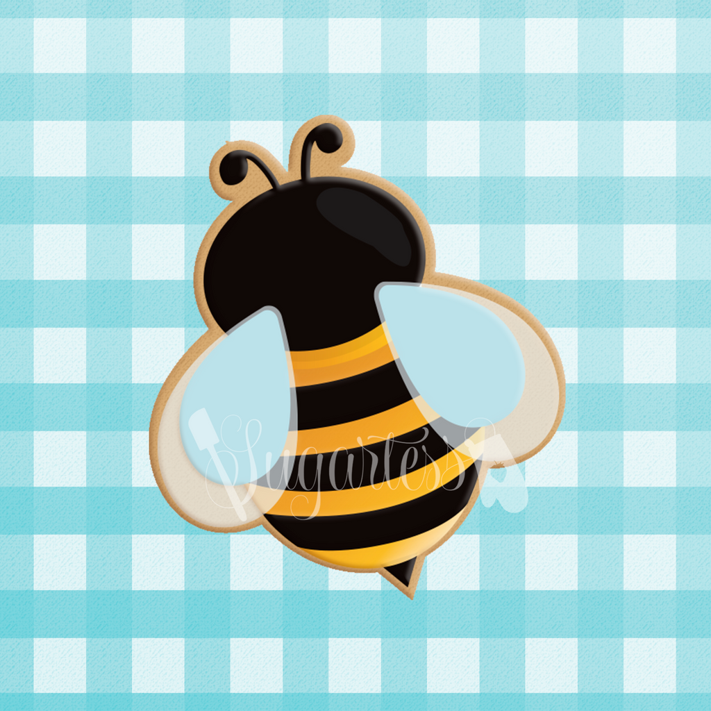 Sugartess custom cookie cutter in shape of chubby bumblebee, back view.