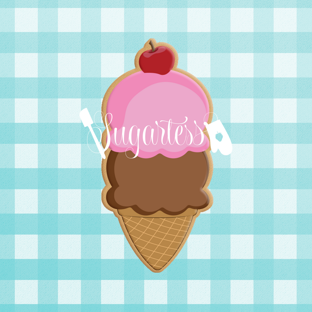 Sugartess custom cookie cutter in shape of chubby double scoop ice cream waffle cone with cherry on top.