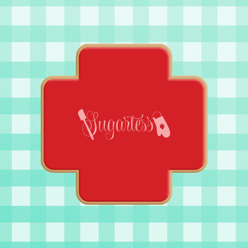 Sugartess custom cookie cutter in shape of chubby red cross.