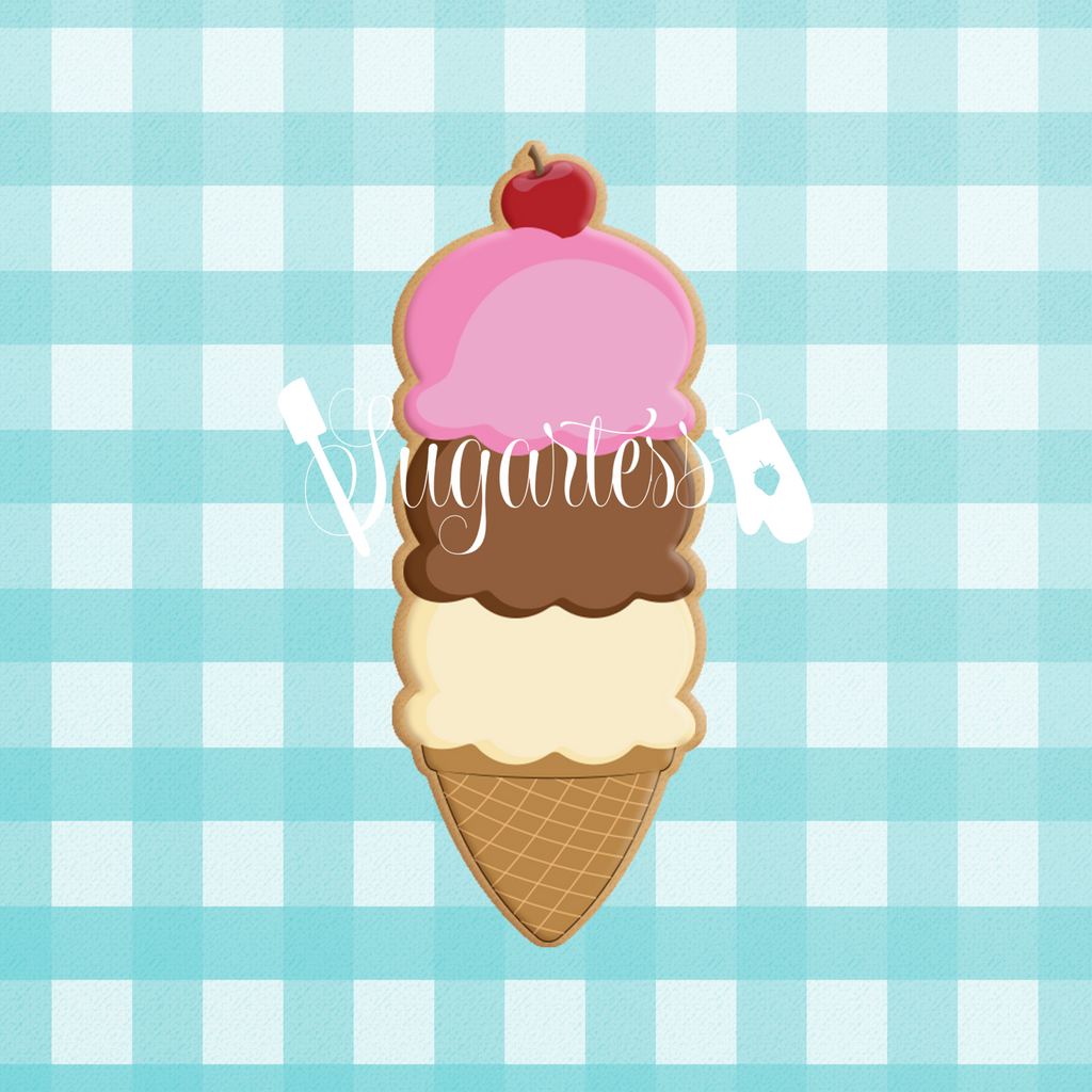 Sugartess custom cookie cutter in shape of chubby triple scoop ice cream waffle cone with cherry on top.