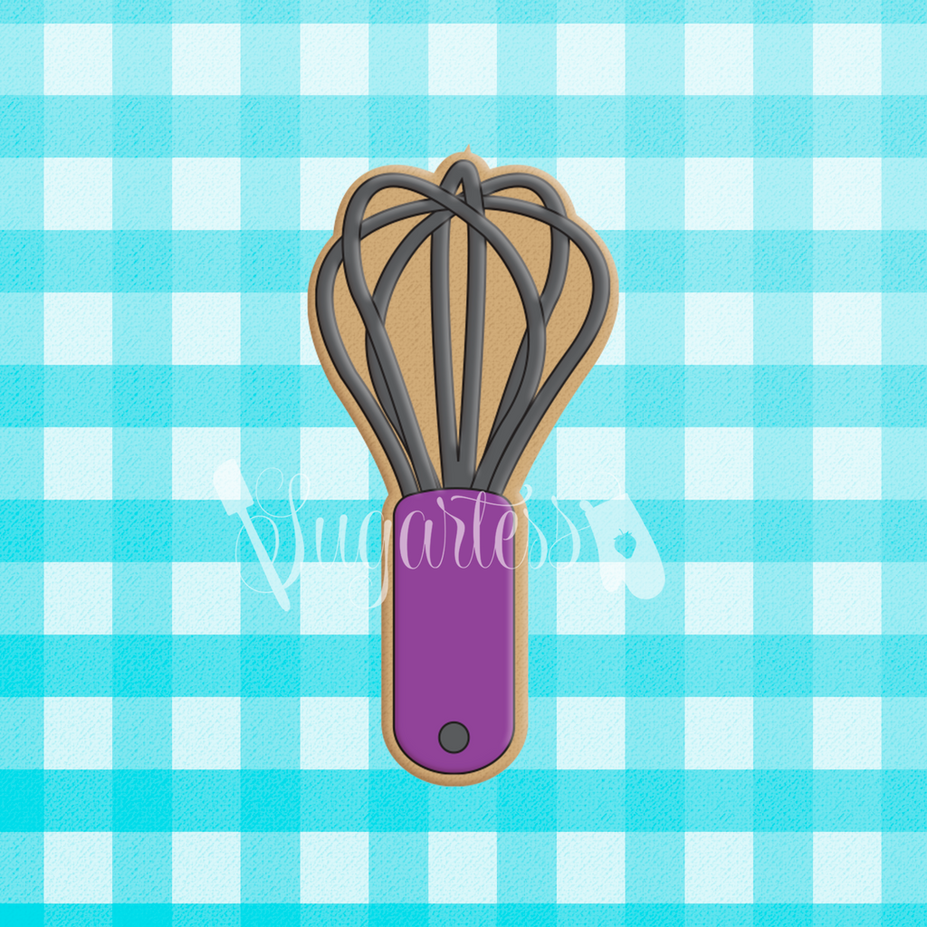 Sugartess custom cookie cutter in shape of a whisk with purple handle.