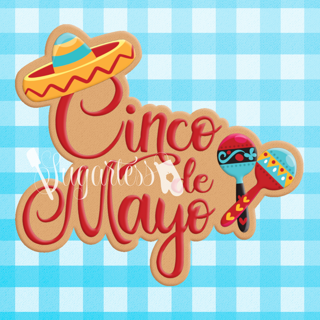 Sugartess custom cookie cutter in shape of cinco de mayo word plaque with sombrero and maracas.