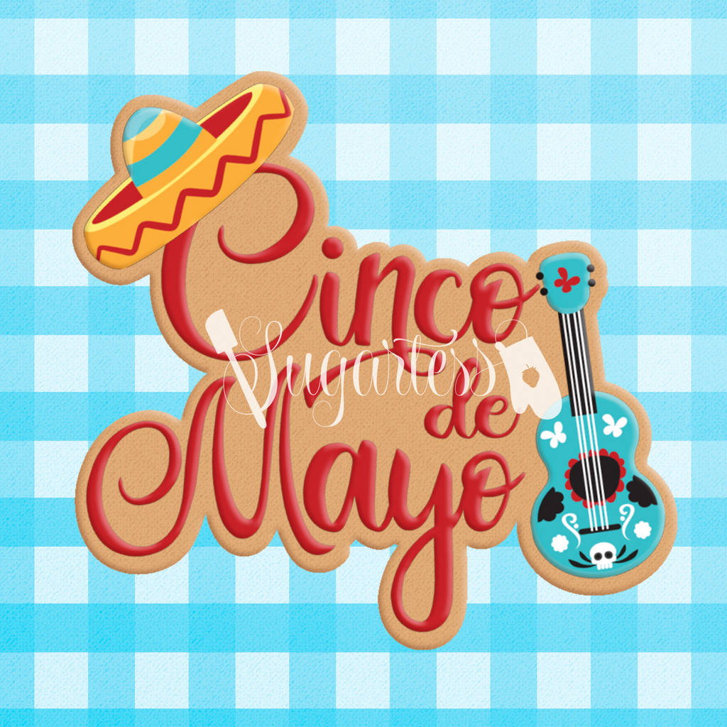 Sugartess custom cookie cutter in shape of cinco de mayo word plaque with sombrero and guitar.