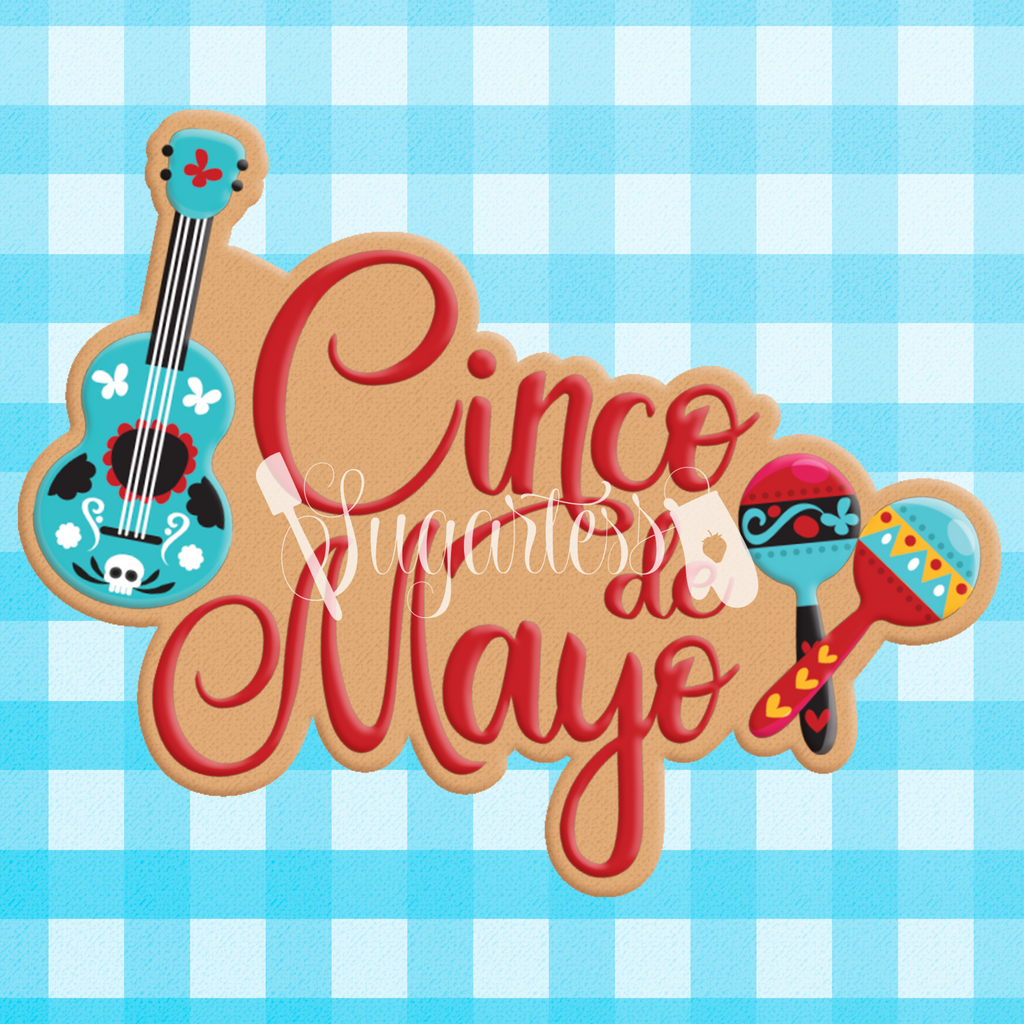Sugartess custom cookie cutter in shape of cinco de mayo word plaque with guitar and maracas.