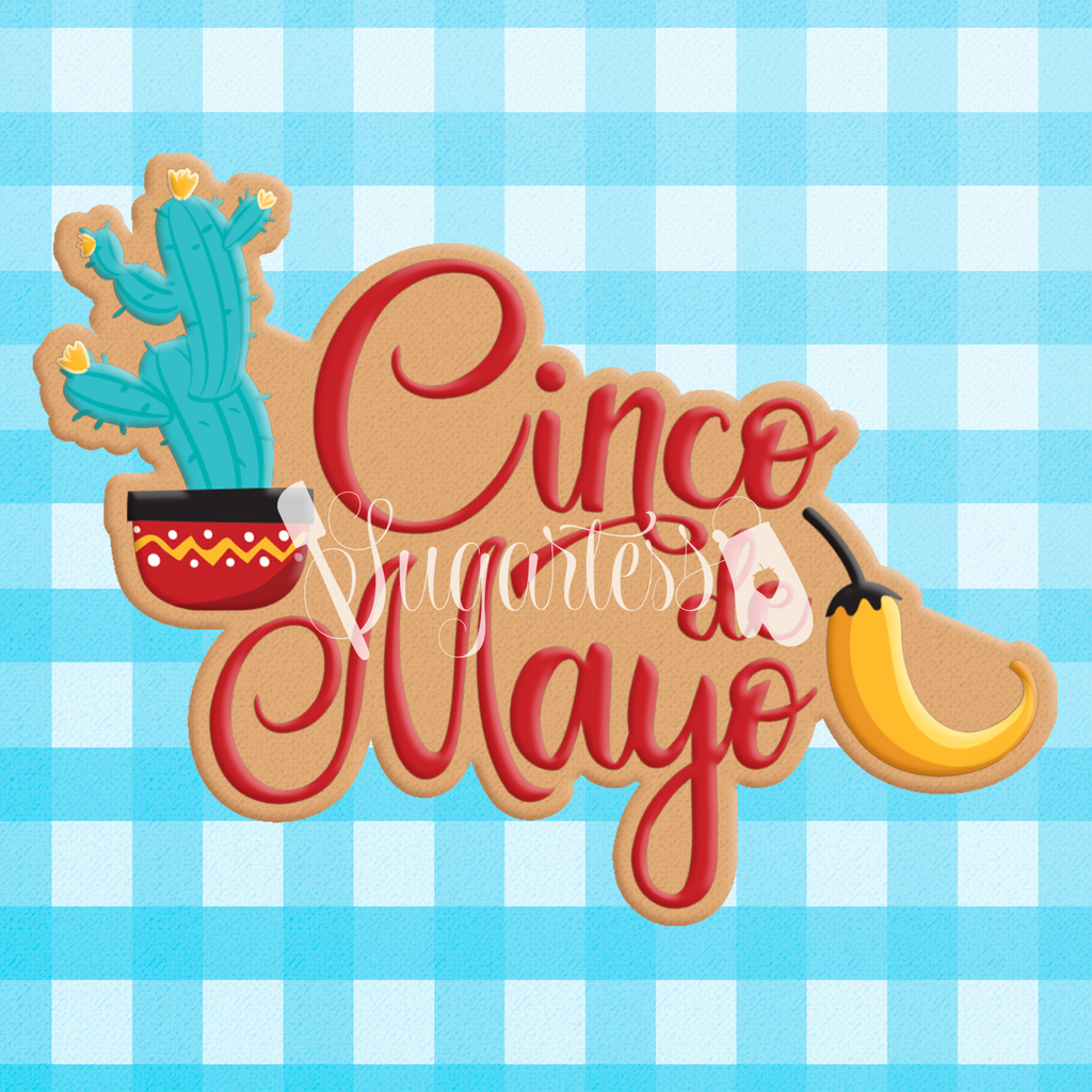 Sugartess custom cookie cutter in shape of cinco de mayo word plaque with cactus and chili pepper.