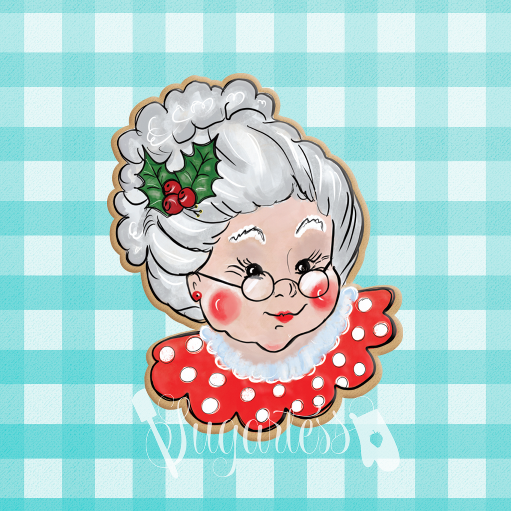 Sugartess custom holiday cookie cutter in shape of Mrs. Santa Claus head or bust.