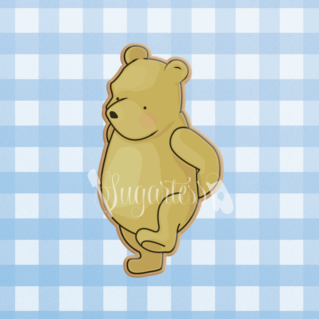 Sugartess custom cookie cutter in shape of classic Winnie The Pooh #3 walking with arms on back. 