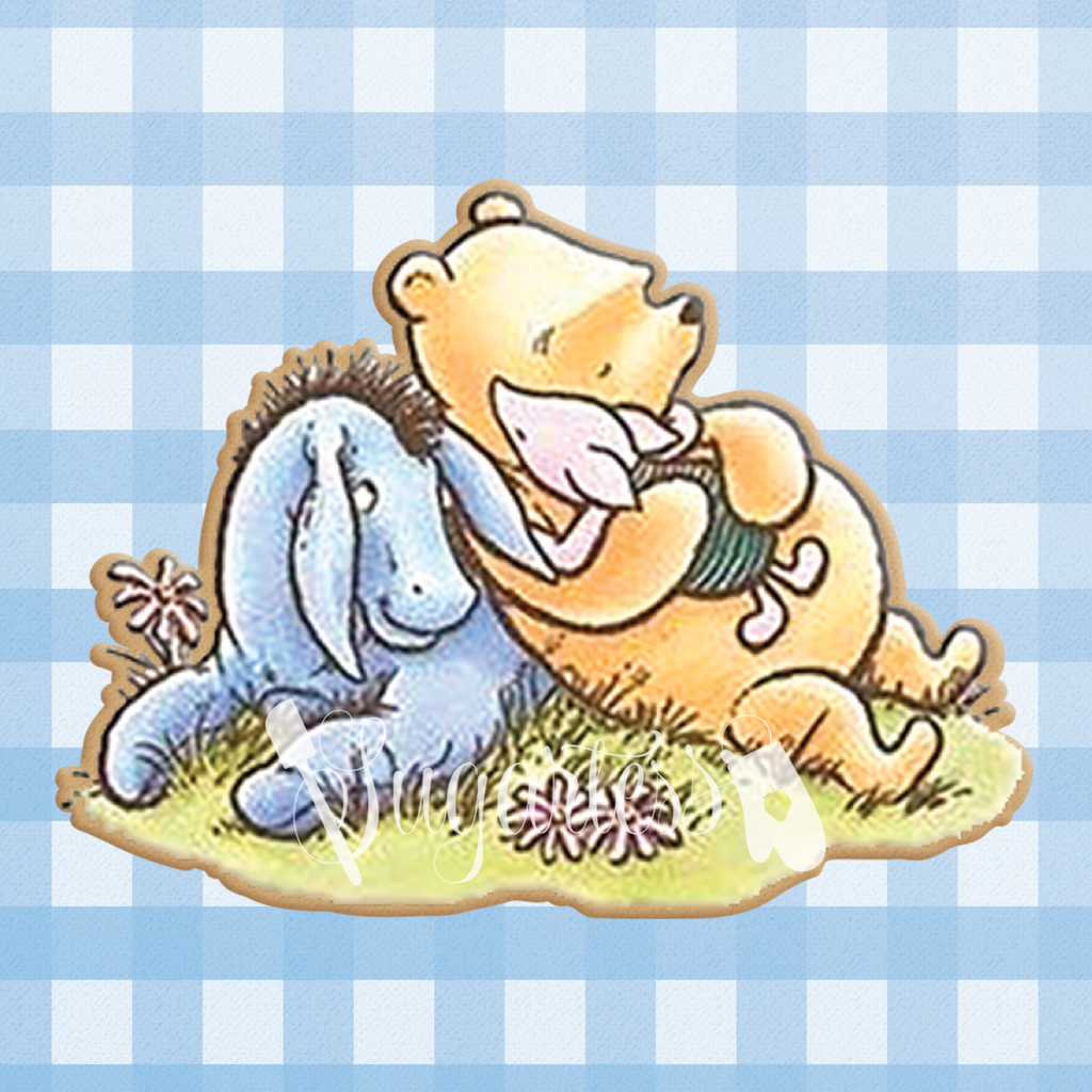 Sugartess custom cookie cutter in shape of classic Winnie The Pooh bear with Piglet and Eeyore.