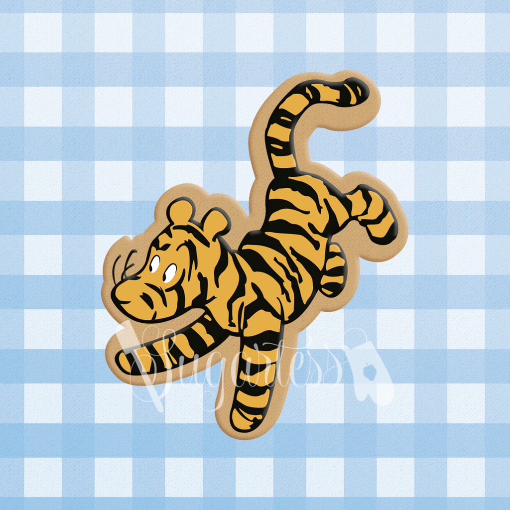 Sugartess cookie cutter in shape of classic Tigger character running.