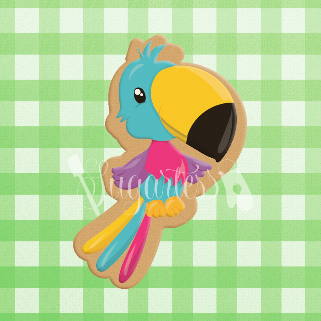 Sugartess custom cookie cutter in shape of cute and colorful cartoon toucan bird.