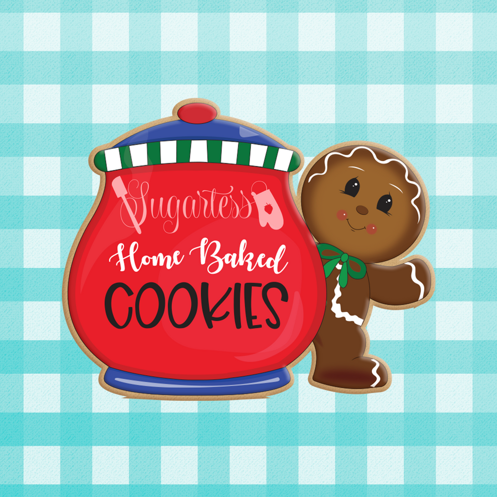 Sugartess custom holiday cookie cutter in shape of a cookie jar and a standing gingerbread man next to it.