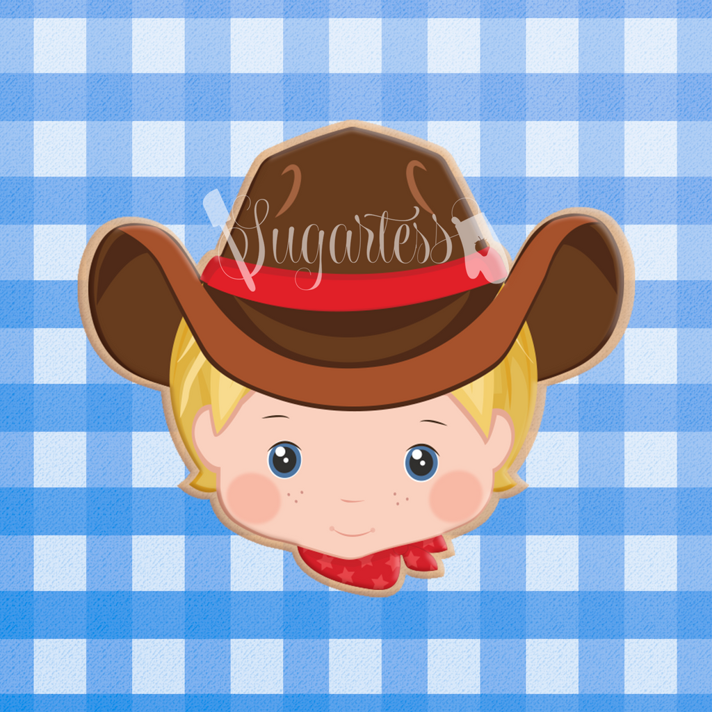 Sugartess custom cookie cutter in shape of Cowboy or Rancher Head with Hat.