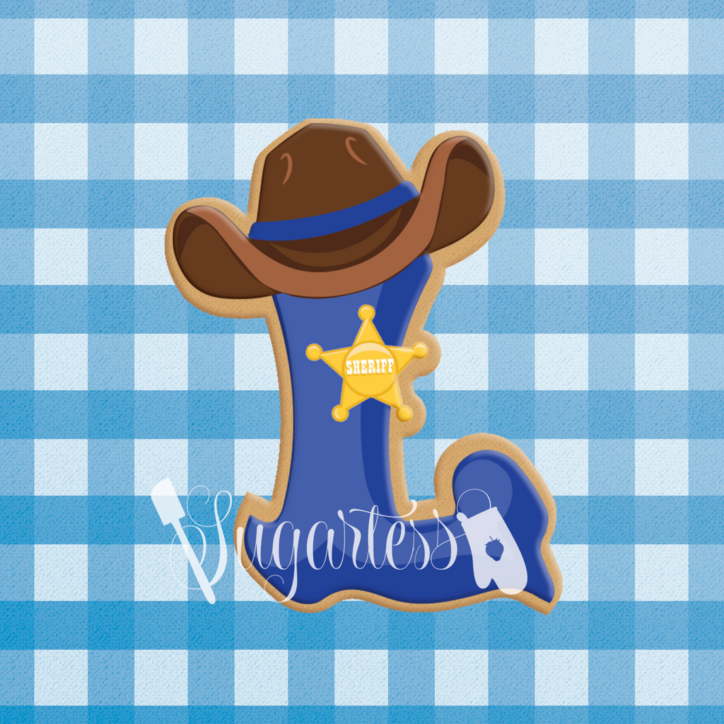 Sugartess custom cookie cutter western cowboy alphabet letters, symbols and numbers with hat and star plaque.