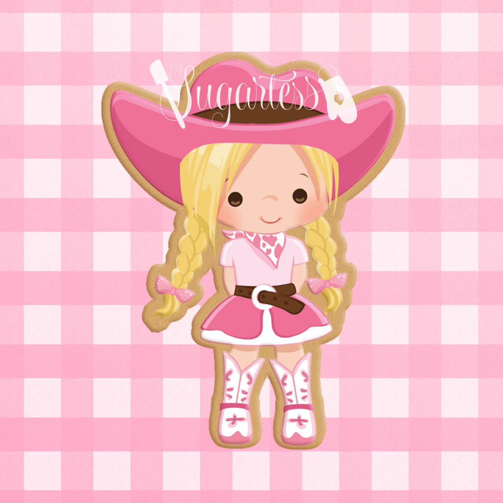 Sugartess custom cookie cutter in shape of cowgirl with braids.