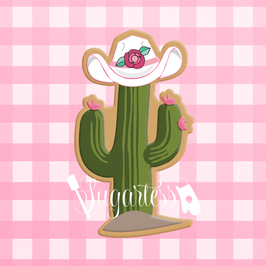 Sugartess custom cookie cutter in shape of cactus with cowboy or cowgirl hat on top.