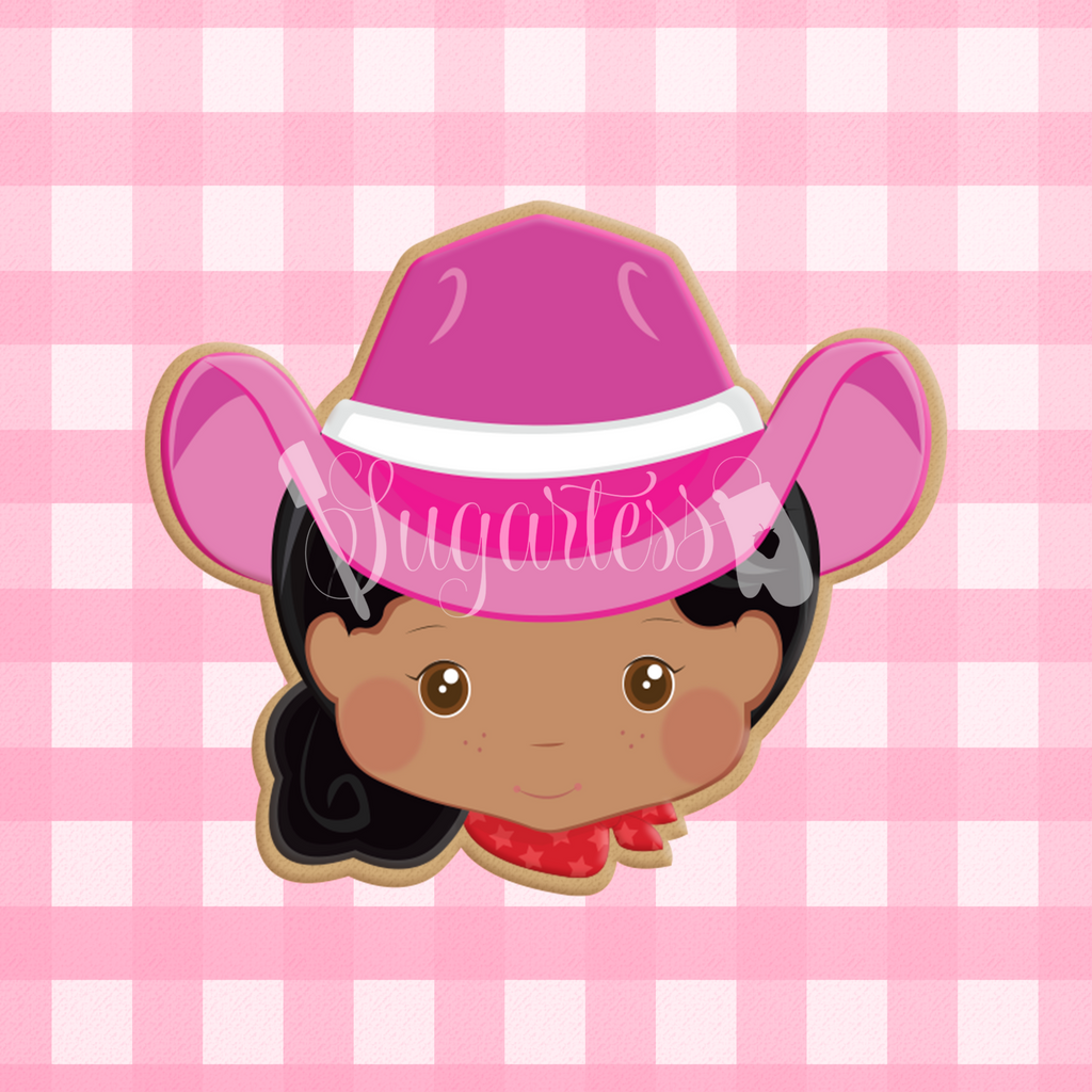 Sugartess custom cookie cutter in shape of a cowgirl or rancher head with one ponytail and hat.