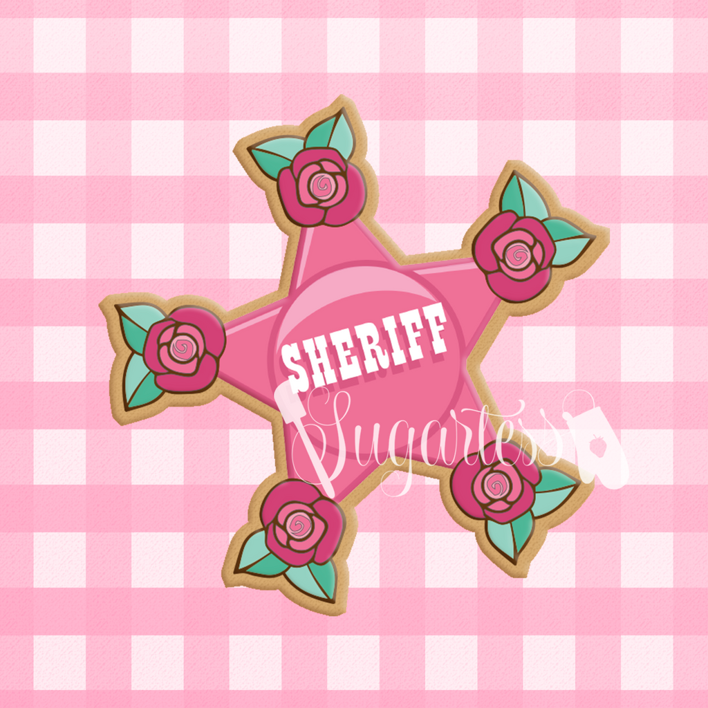 Sugartess custom cookie cutter in shape of a cowgirl sheriff star badge