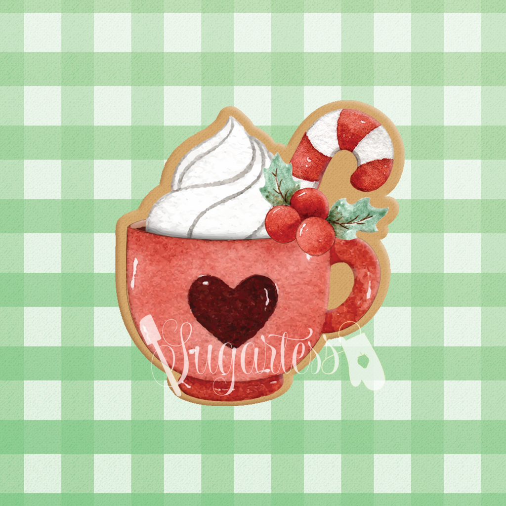 Sugartess custom cookie cutter in shape of holiday cup with whipped cream and candy cane.