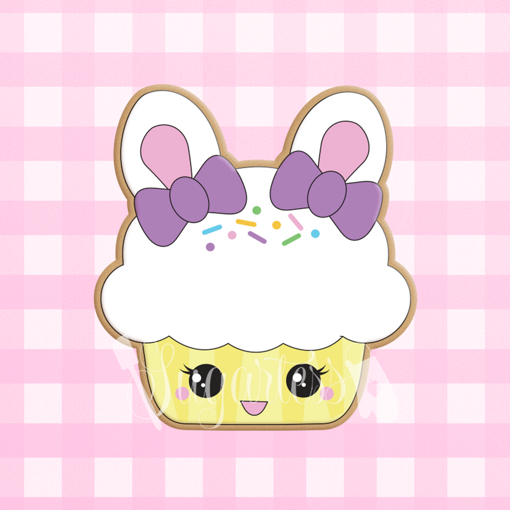 Sugartess custom cookie cutter in shape of a kawaii cupcake with bunny ears and 2 bows.